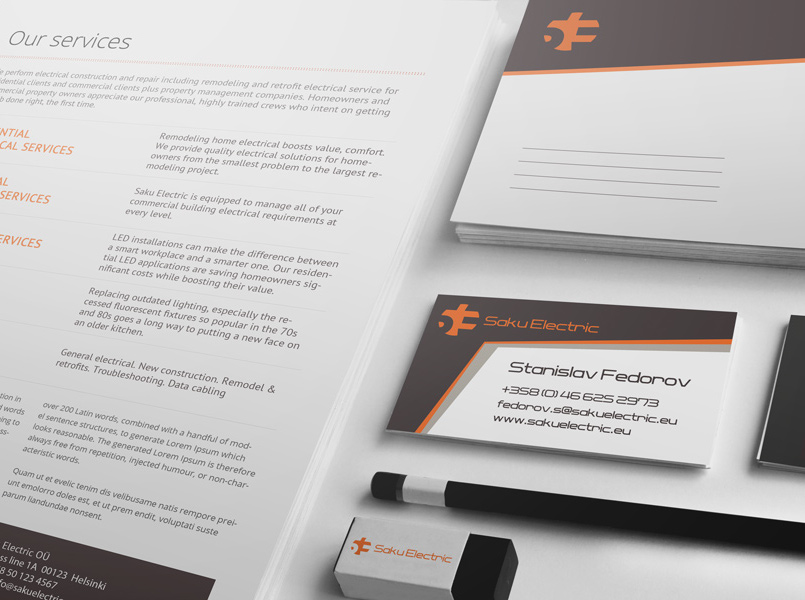 Saku Electric stationery design visit card printed document envelope